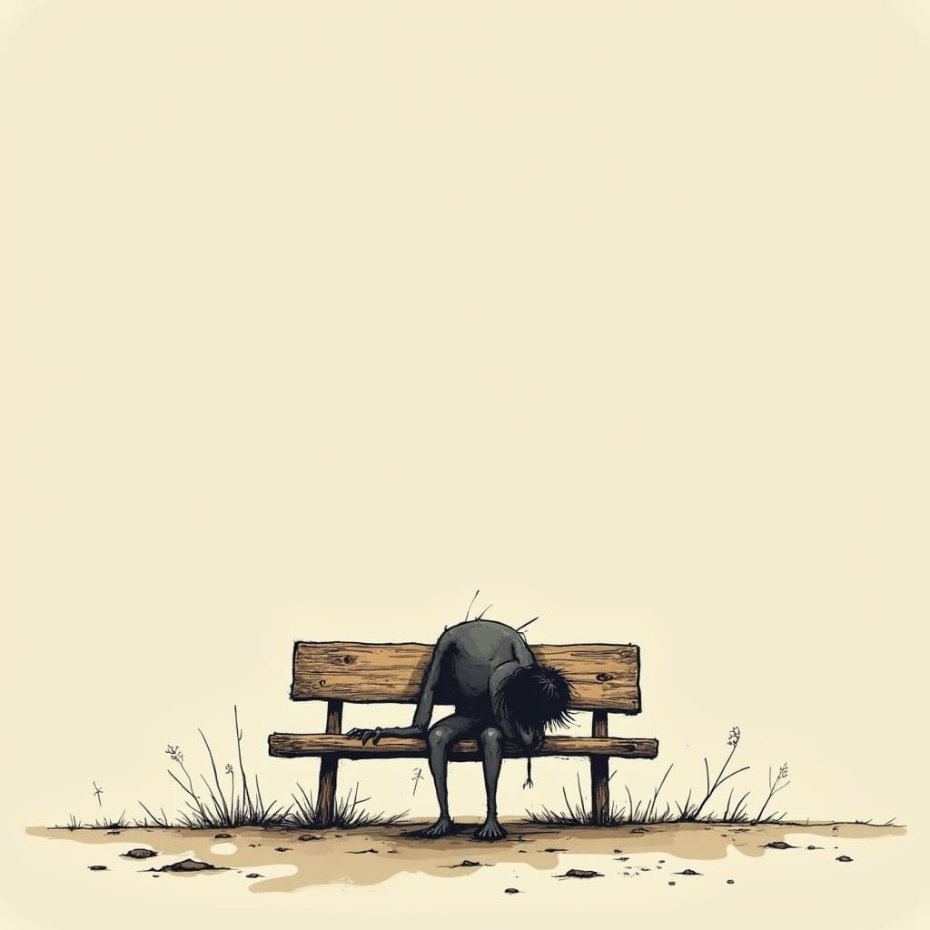 Minimalist Stick Figure Conveys Despair on Bench