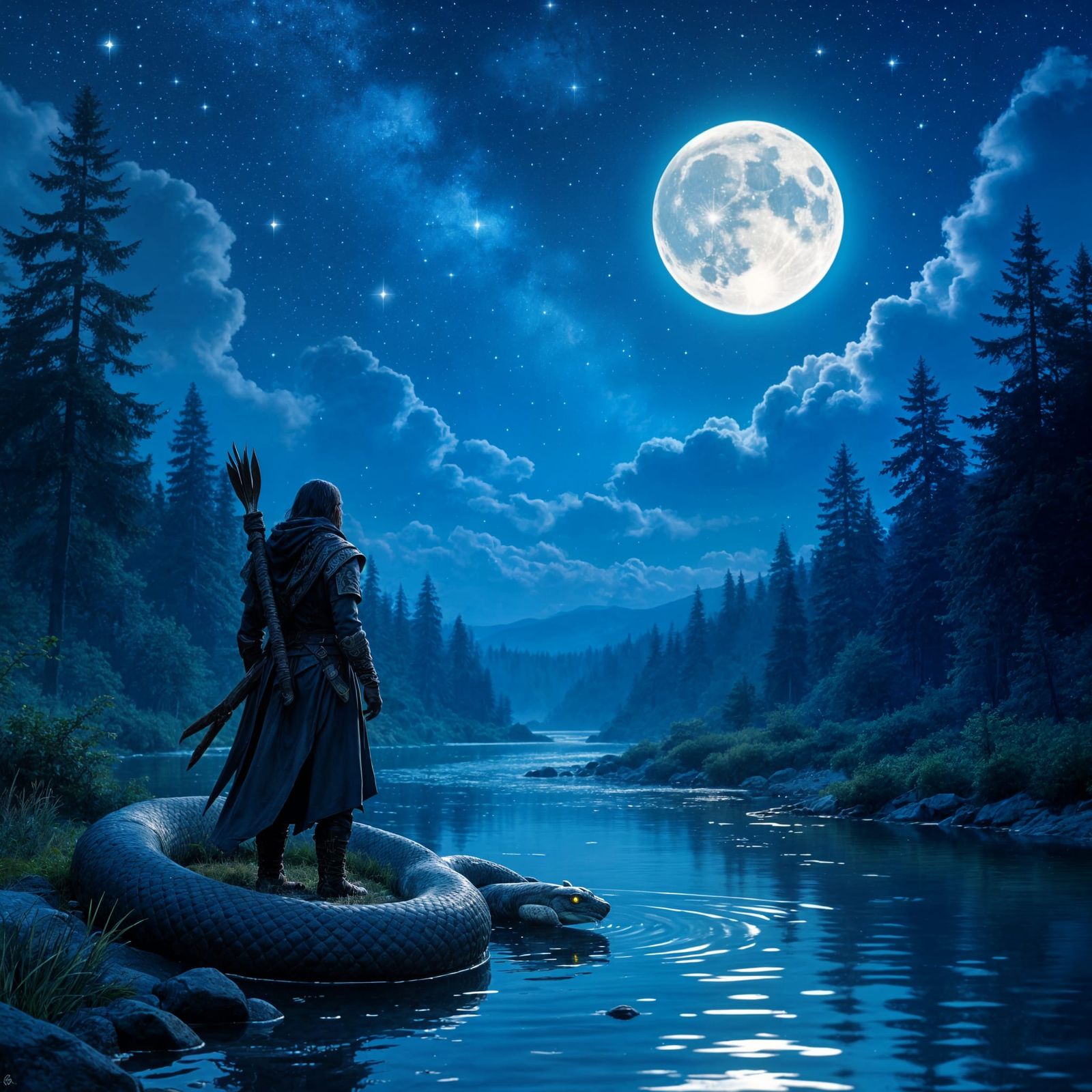Fantasy Forest Scene with Serpent, Moon, and Stars