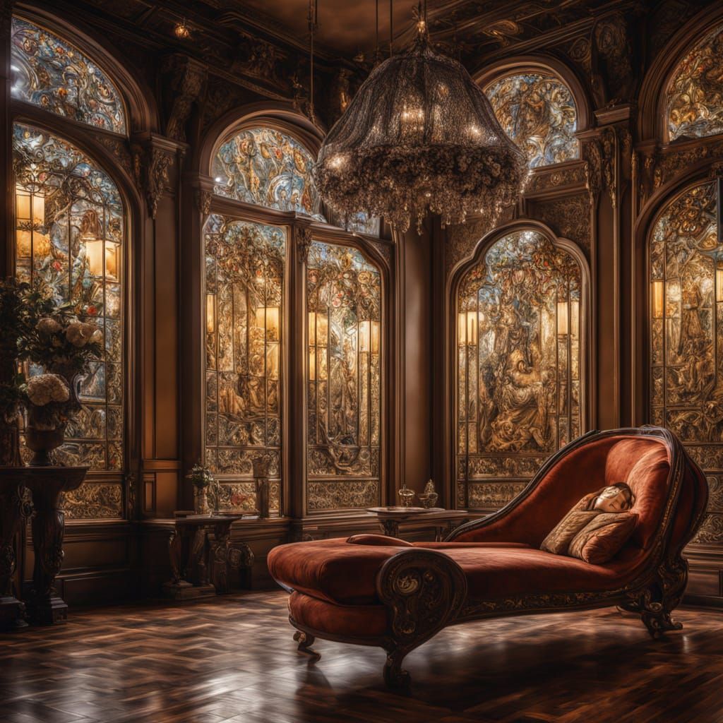 Elegant Art Nouveau Woman with Roses on Velvet Chaise