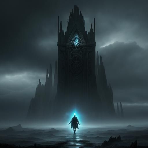 Staff-Wielding Figure in Mystical Landscape