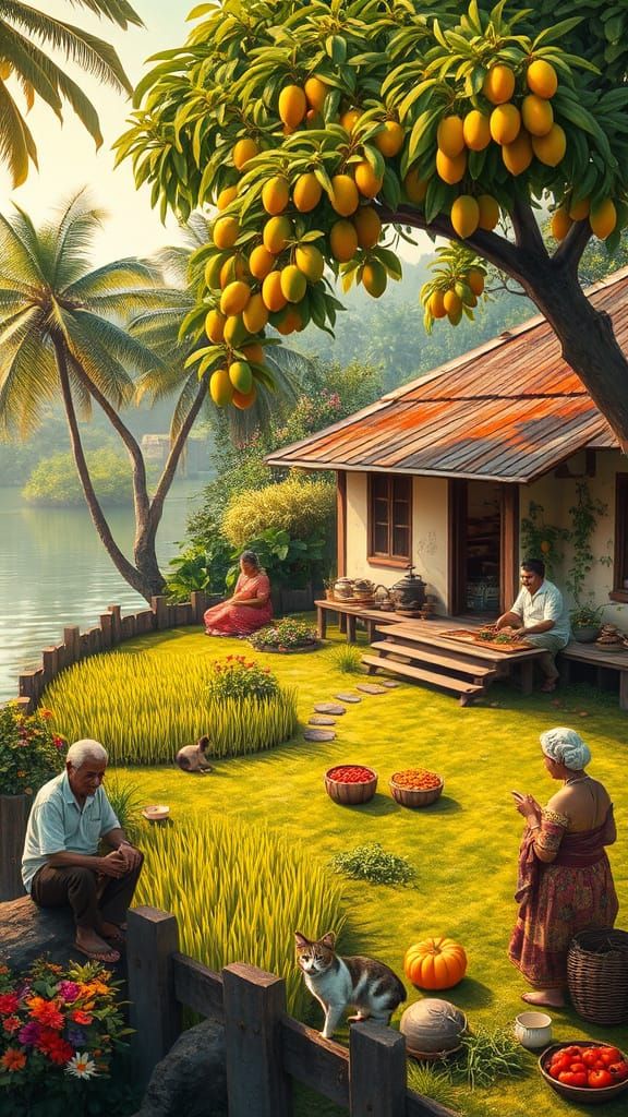 Kerala Riverside Village in Impressionistic Style