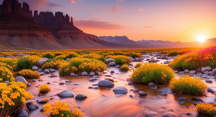 River of Flowers in Desert Sunset