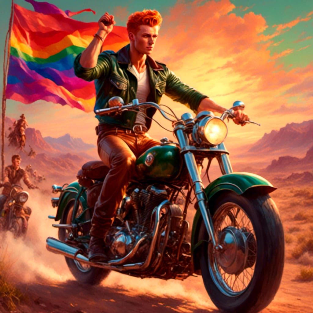 Ginger Hunk Rides Motorcycle at Sunset, Retro Style