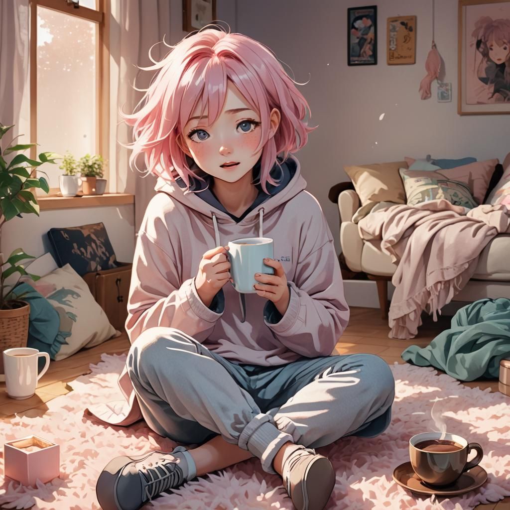 A cute anime waifu with big, drowsy eyes and pastel pink hair peeking out from under a cozy oversized hoodie. She's sitt...