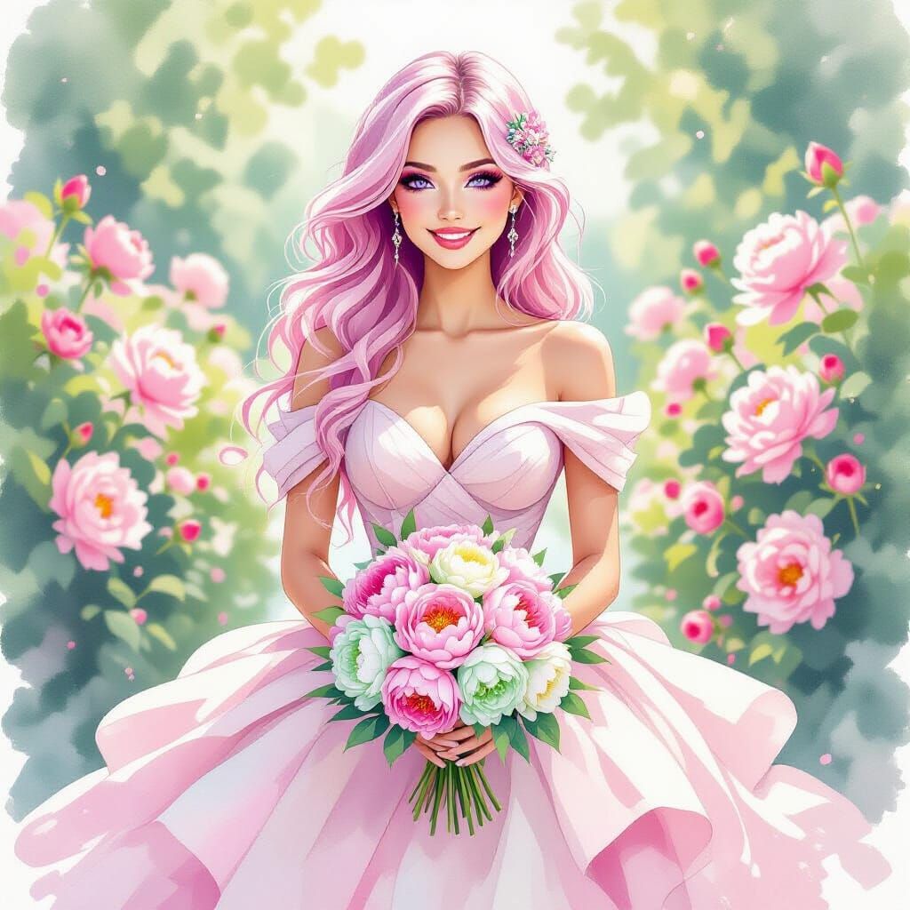 Woman with Peonies in Watercolor Alcohol Ink Style