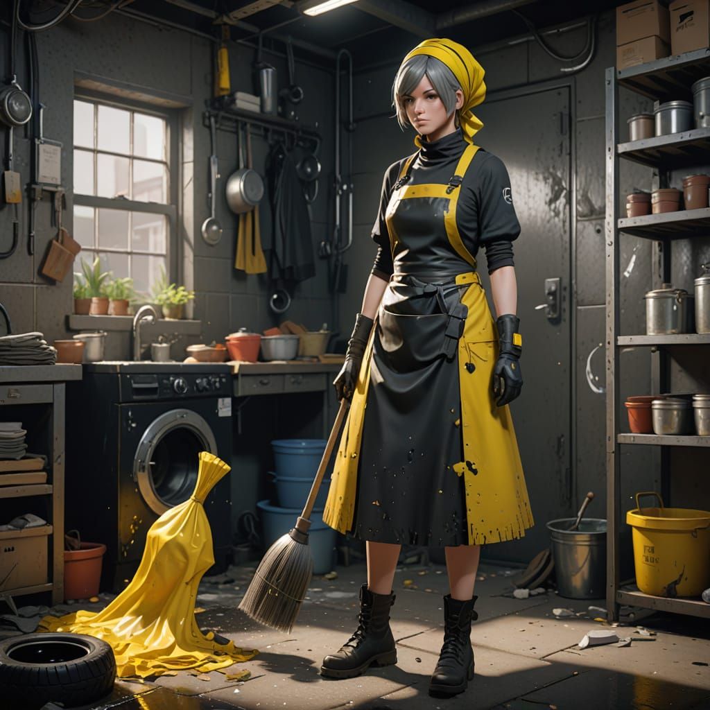 Tired 2B as Charwoman: Hyperdetailed Concept Art