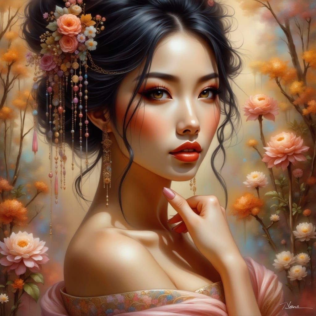 Asian Woman in Elegant Silk Attire