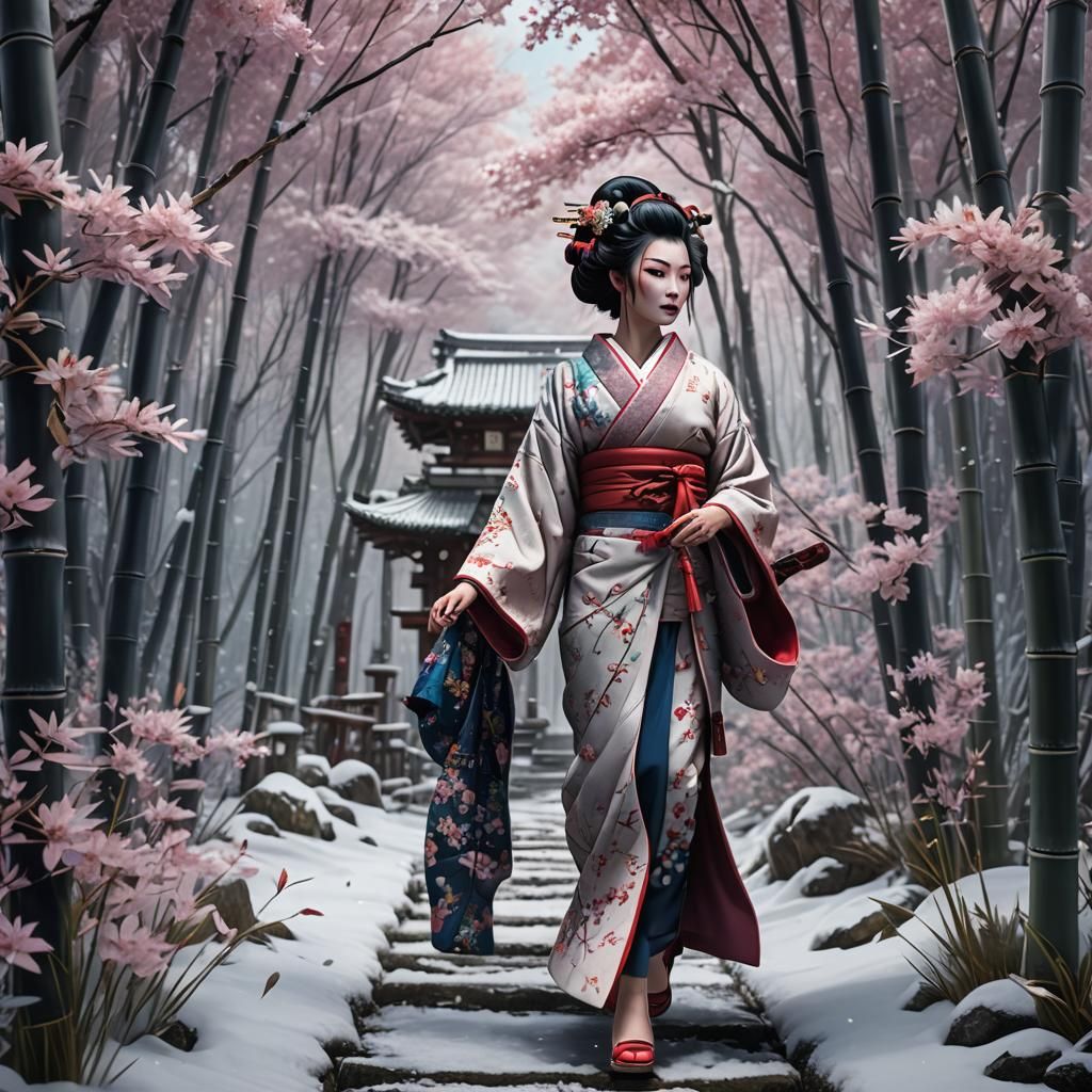Geisha in Snowy Bamboo Forest: Detailed Matte Painting