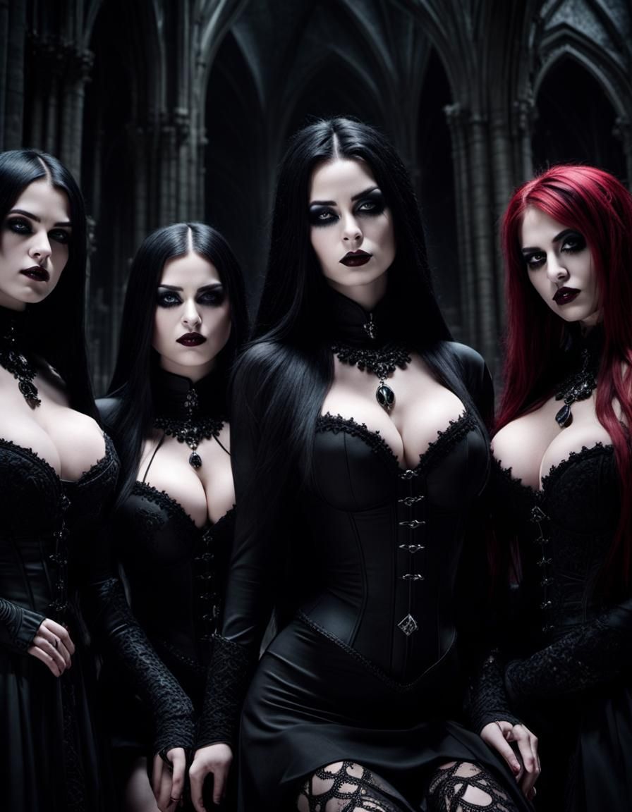 Goth Women Kneeling in Dark Gothic Cathedral