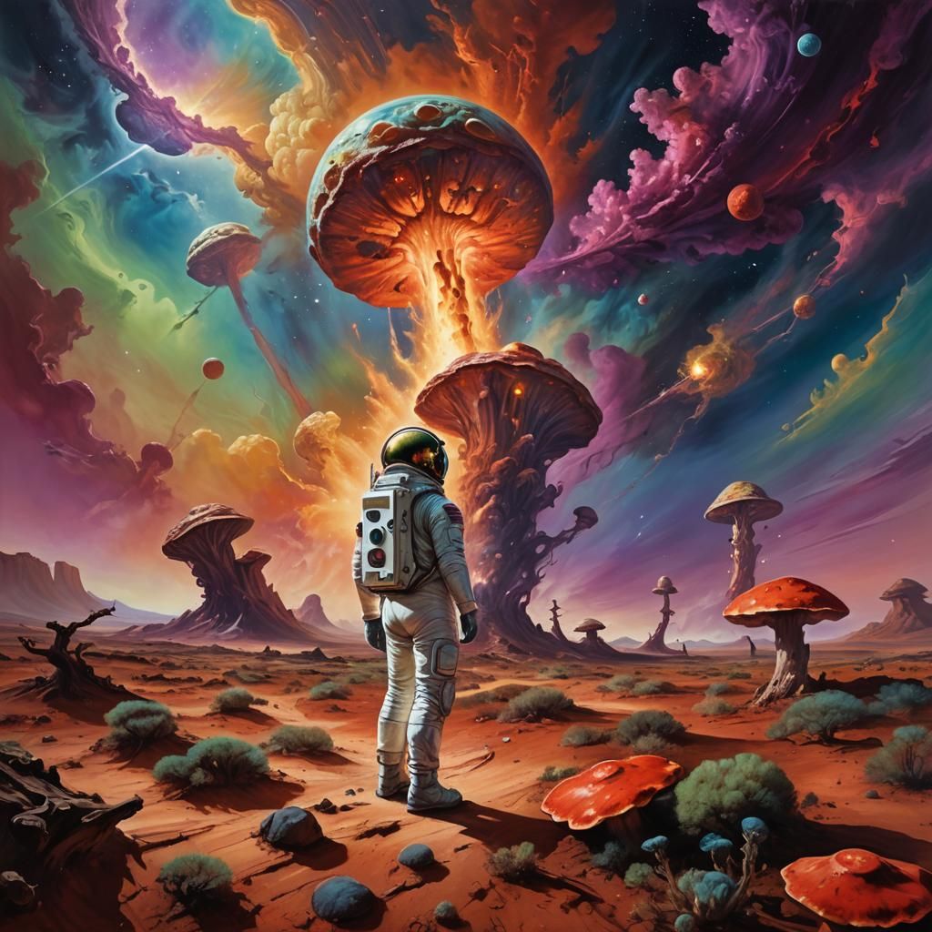 Astronaut on Mars Gazing at Glowing Mushroom