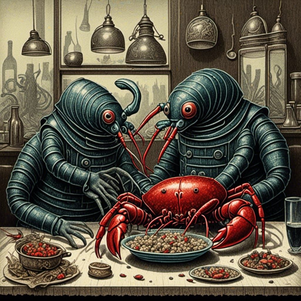 Lobsters Fine Dining: Scratchboard Ink Restaurant Scene