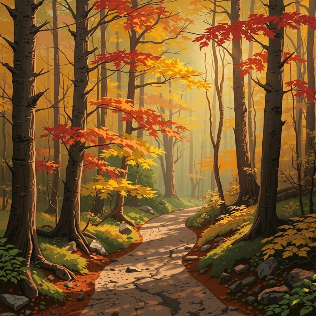 Serene Fall Woodland Path in Albert Bierstadt's Style
