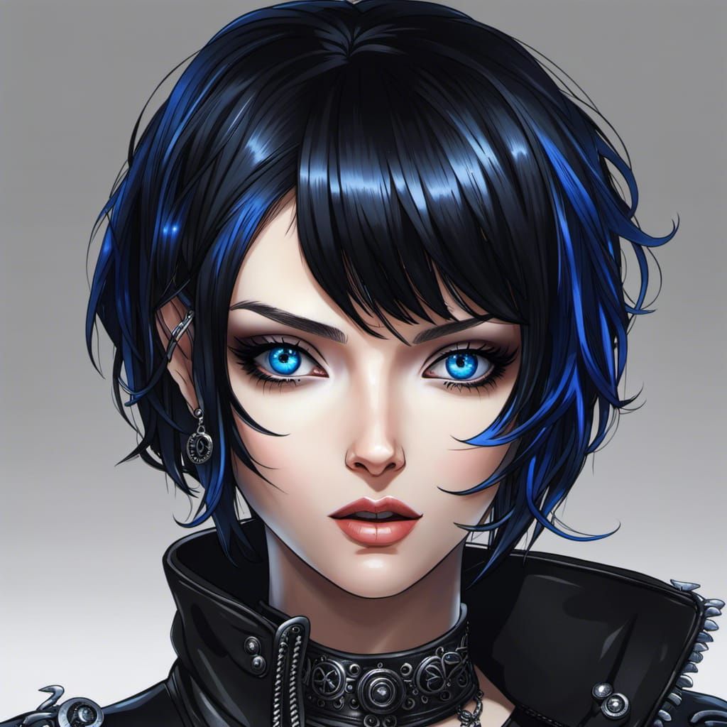 Anime Goth Girl Portrait with Sapphire Eyes