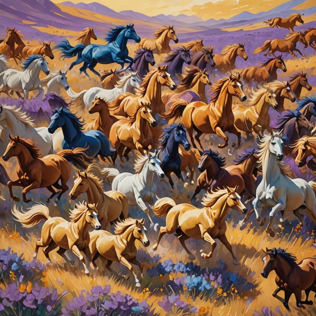 Golden Cats Ride Wild Horses on Funky Meadow