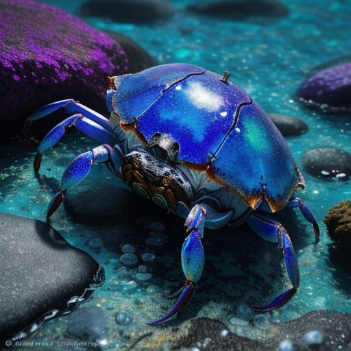 Iridescent Crab Hiding in Rocks: Oil Painting