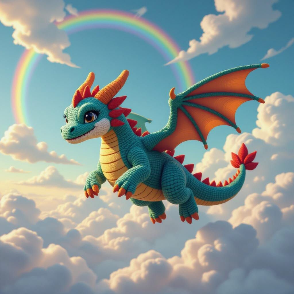 Vibrant Crocheted Dragon Soaring Through Whimsical Sky