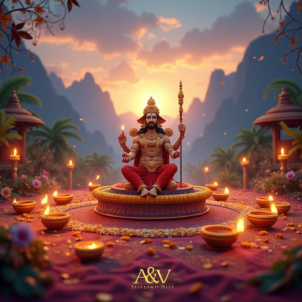 Diwali Govardhan Puja Celebration in Matte Painting Style