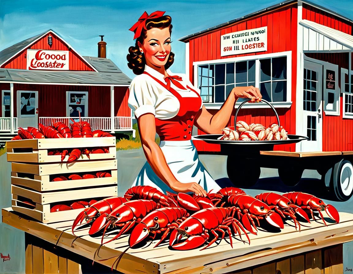 1940s Pinup Server with Lobster, Rockwell Style