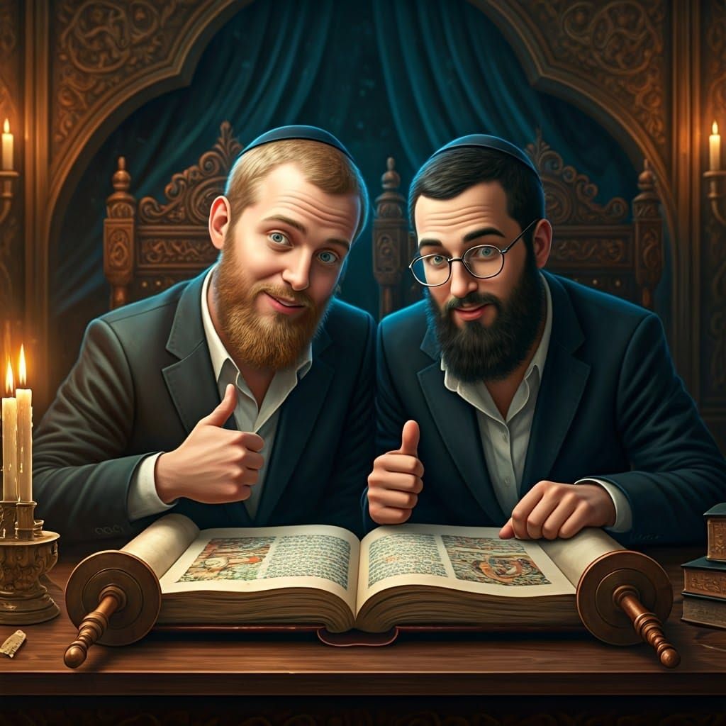 Young Hassidic Men Studying Torah Scroll