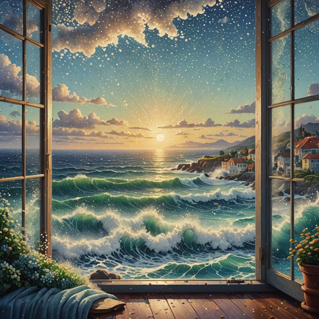 Ocean View Pointillism in Tranquil Scene