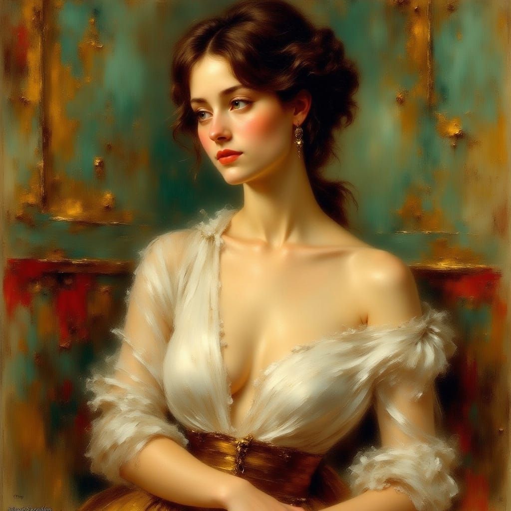 Brunette Woman in 19th Century Living Room: Impressionistic ...