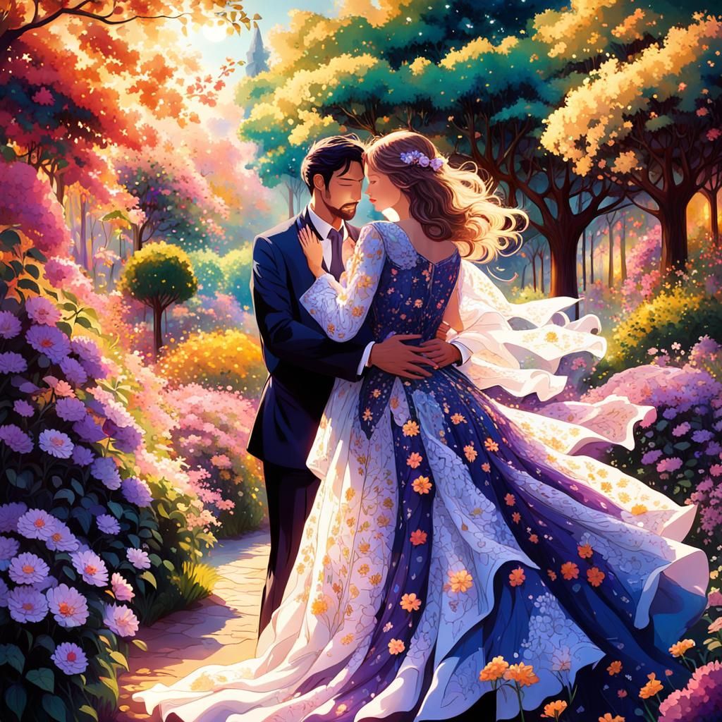 Romantic Couple Embrace in Surreal Blooming Garden