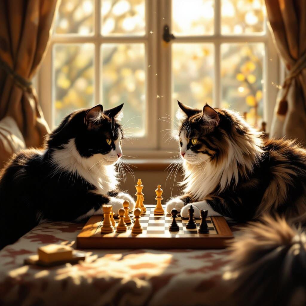 Cats Play Chess in Sunlit Room, Dutch Masters Style