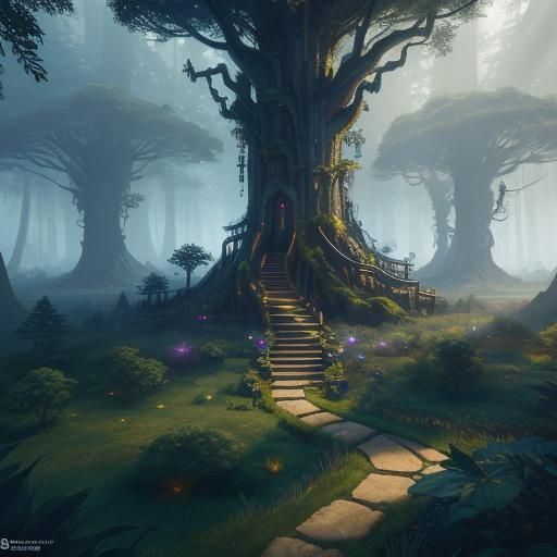 Mythical Forest Village with Glowing Trees