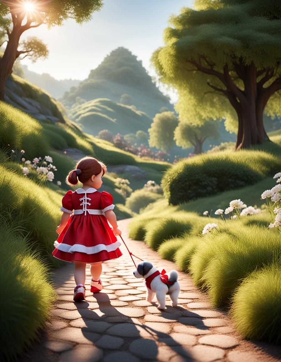 Chubby Doll Walks Puppy in Park, 3D Render