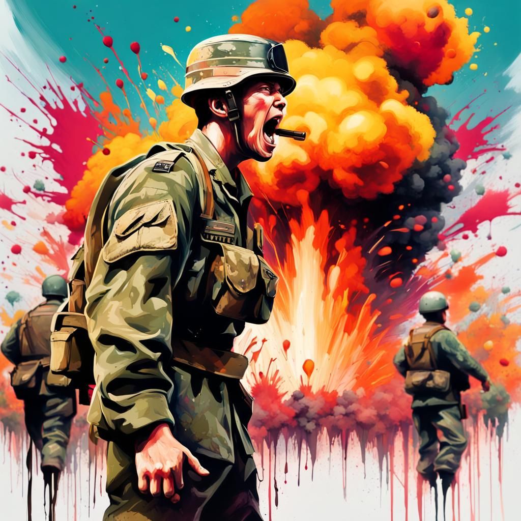 Determined Soldier Commands Amidst Explosions in Graffiti Ar...