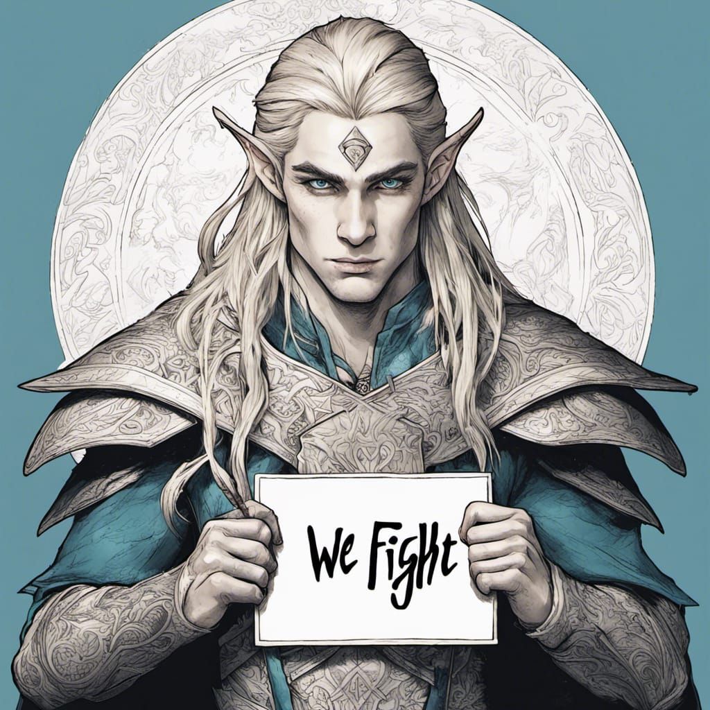 Hyperrealistic Elf Warrior Holding Sign