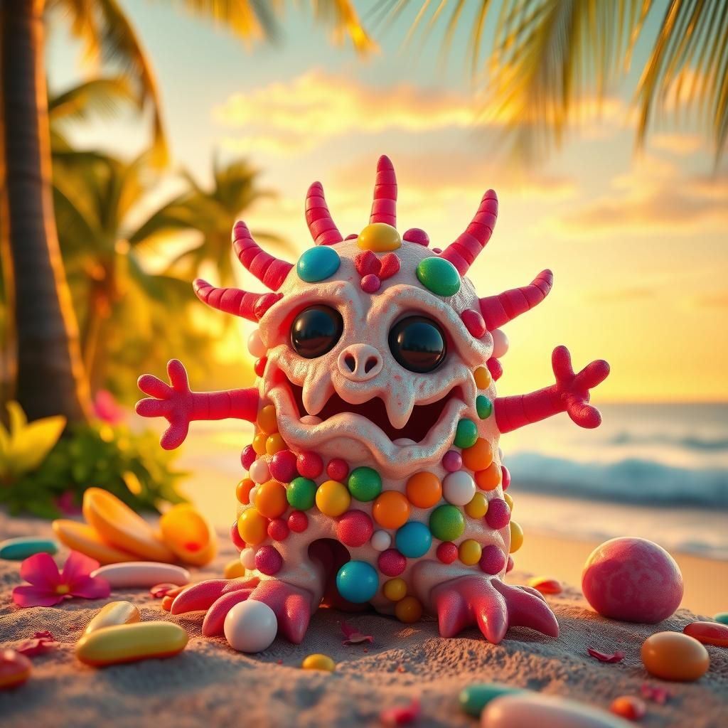 Candy Monster on Tropical Beach, Digital Illustration