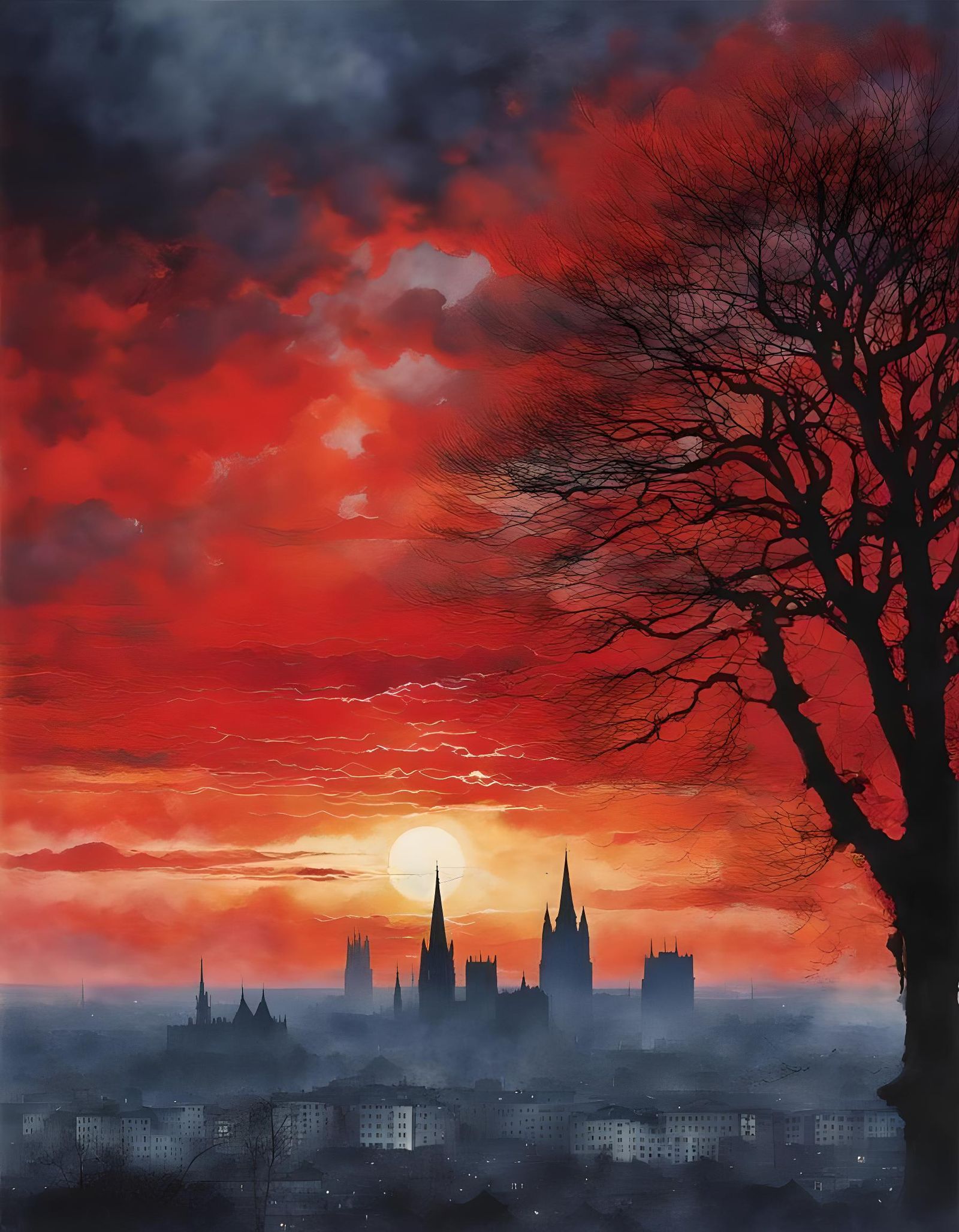 Fiery Sunrise Over City Silhouette