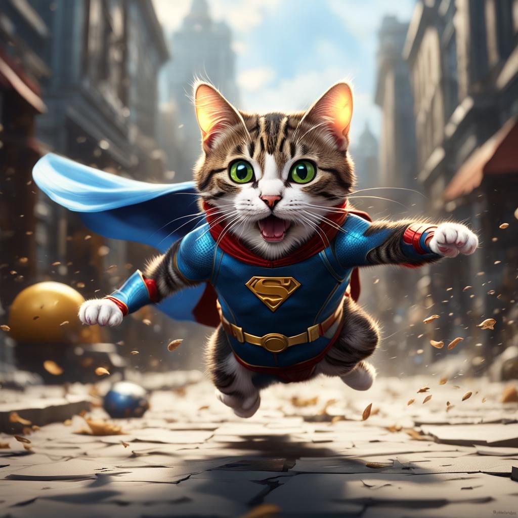 Superhero Cat Zooming After Mouse, Digital Art