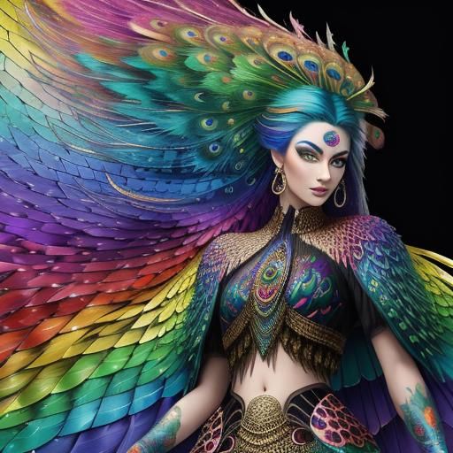 Rainbow Dragon Woman: Holographic Mixed Media Portrait