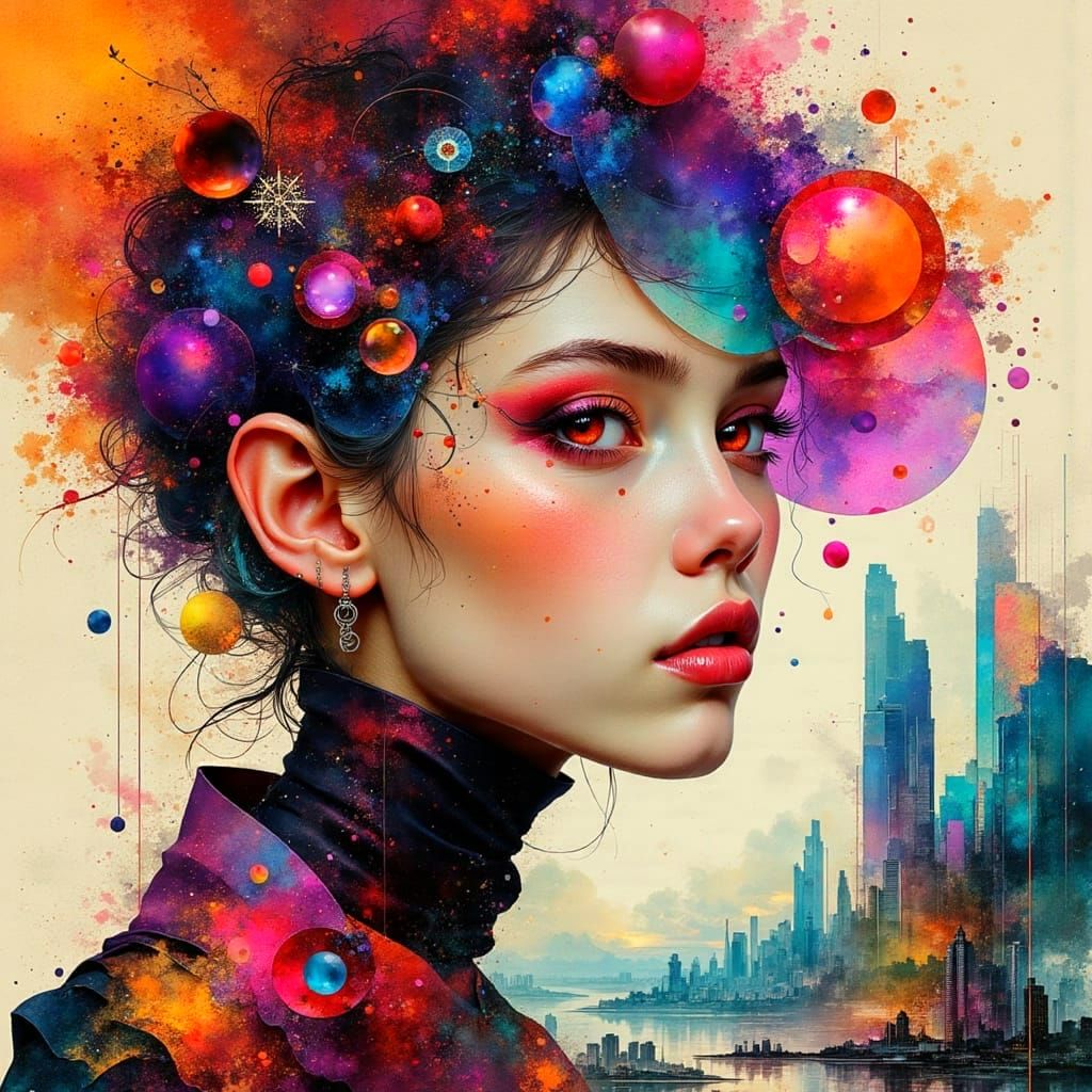 Vibrant Cityscape in Surreal Dystopian Mixed-Media Style