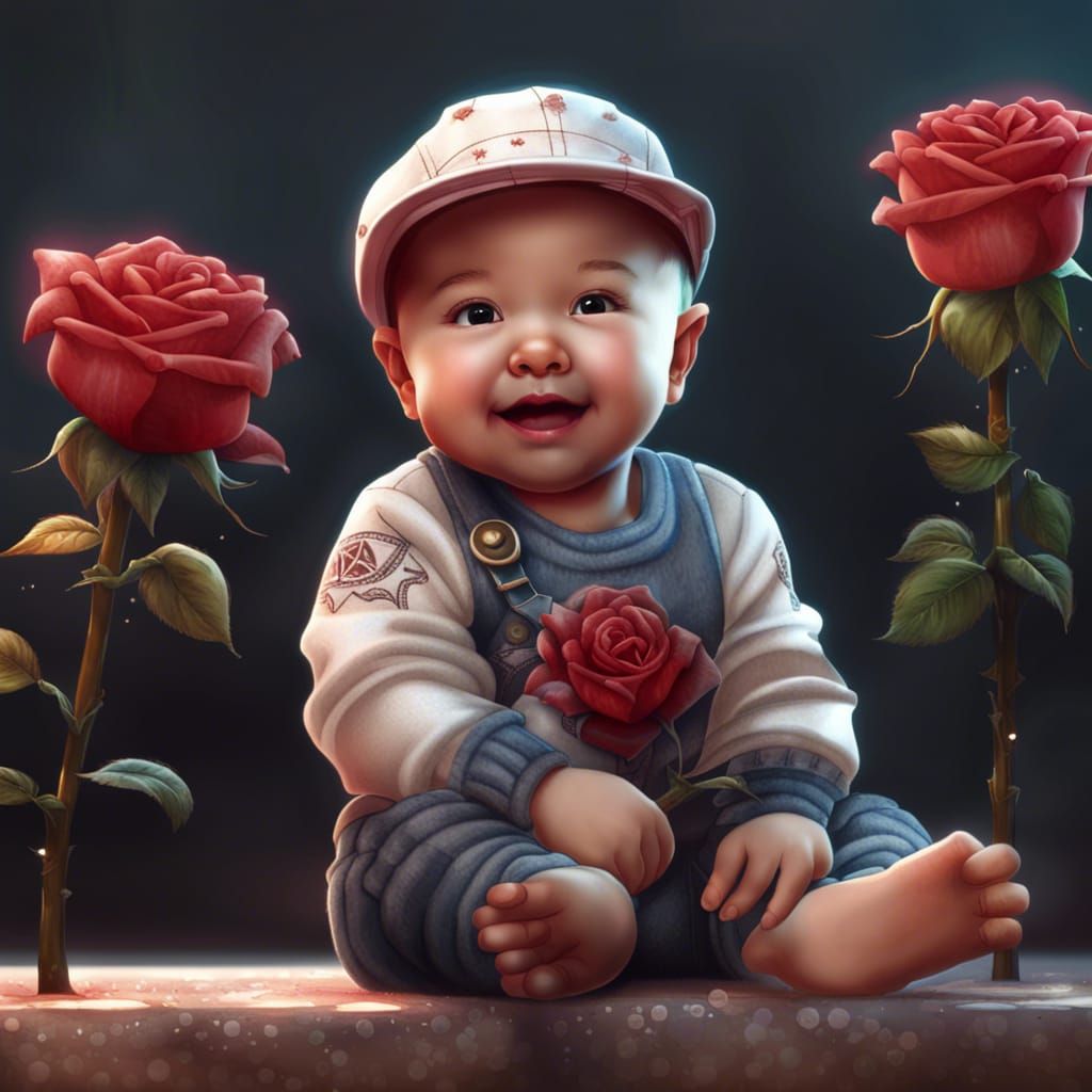 Cute Baby Boy Holding Rose, Hyperrealistic Art
