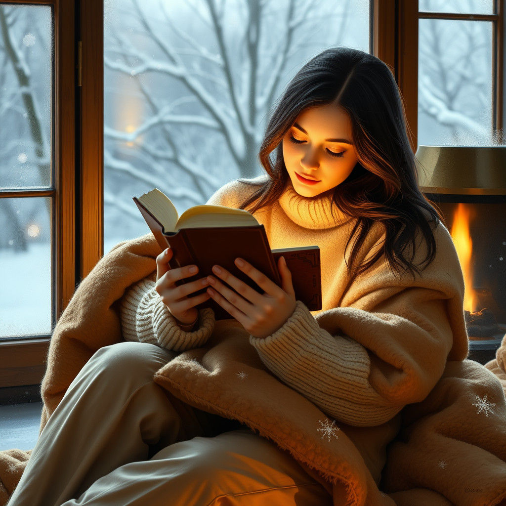 Cozy Woman Reading by Firelight in Snow, Old Masters Style