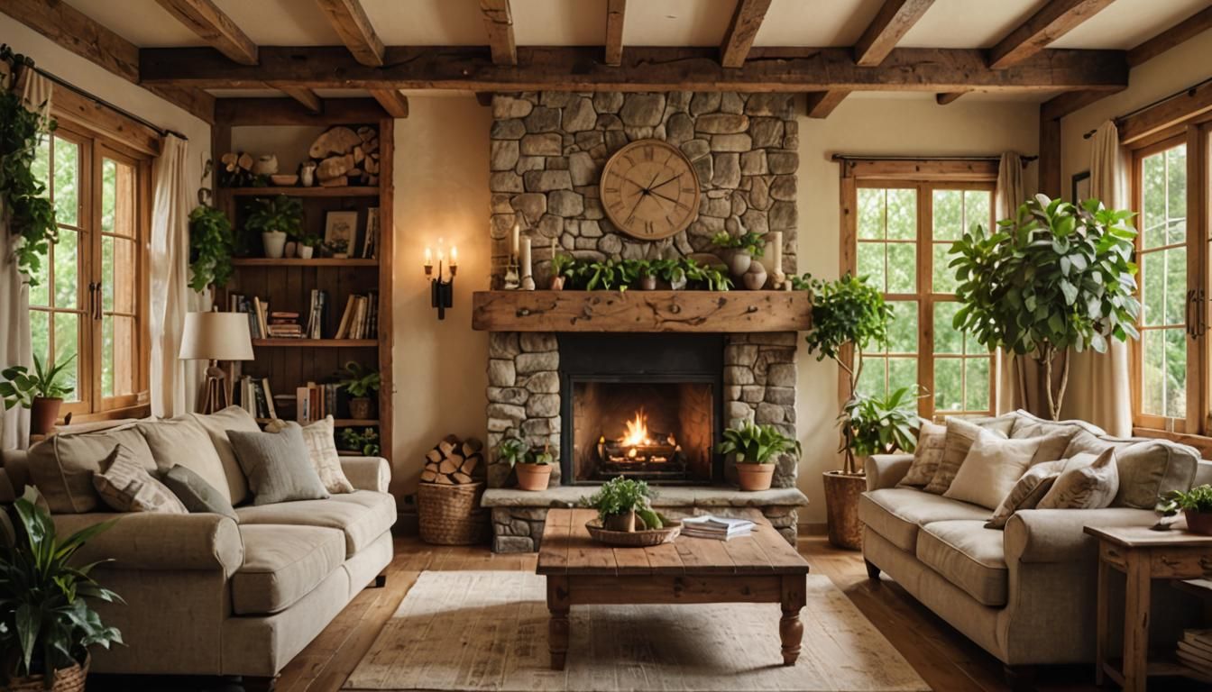 Rustic Living Room with Stone Fireplace, Interior Photograph...