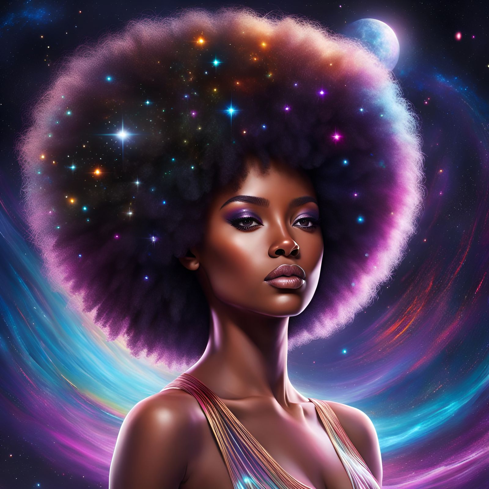 Cosmic Portrait of Black Woman with Afro, Astral Art