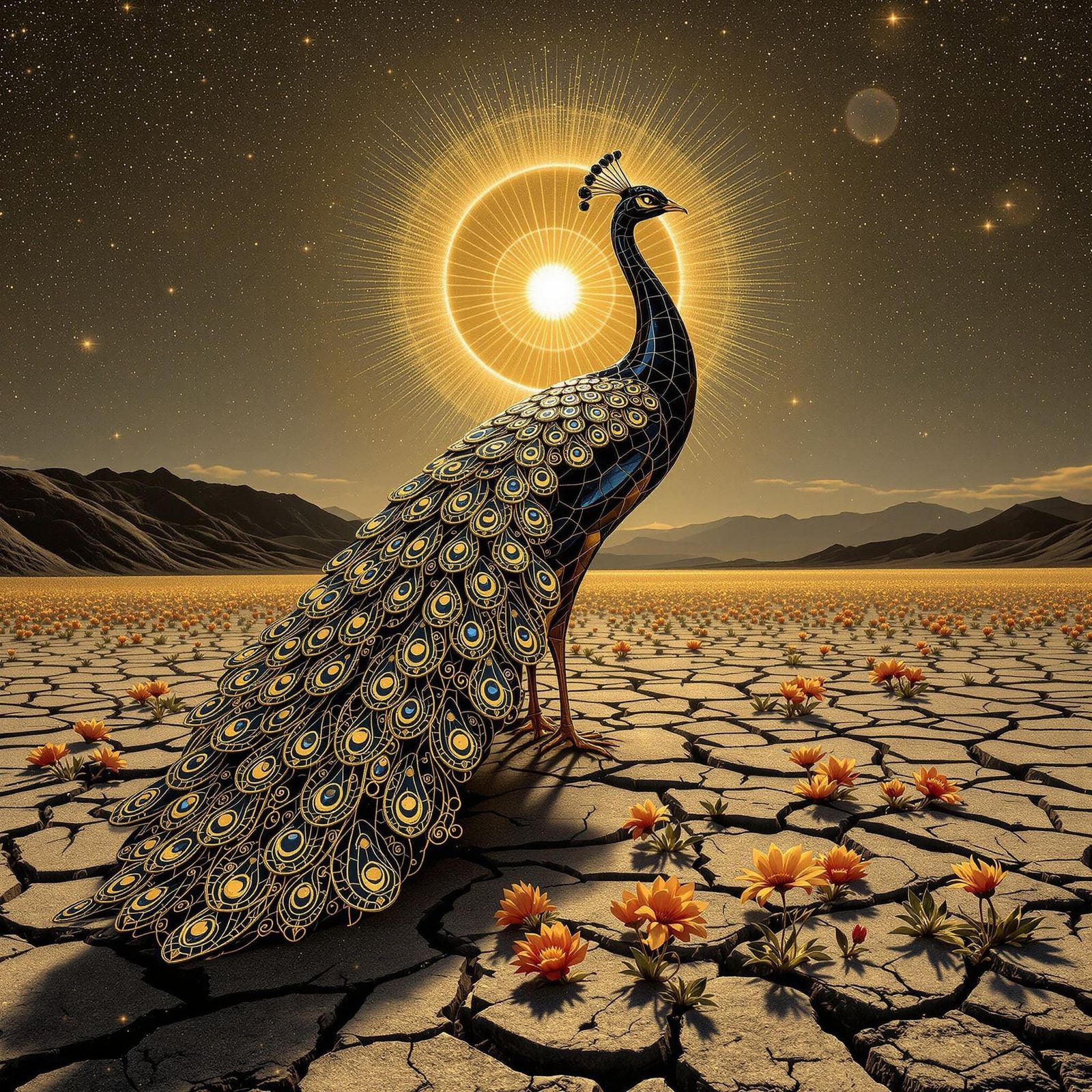 Resilient Obsidian Peacock on Desert Floor with Vibrant Wild...