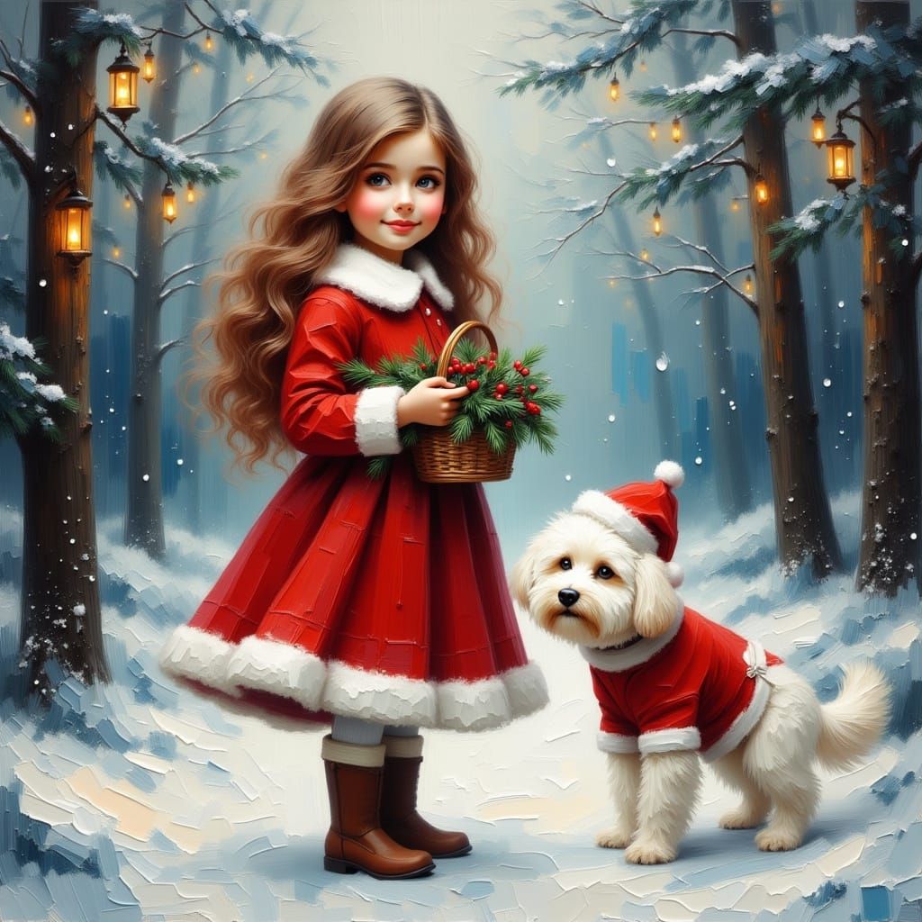 Cheerful Girl in Snowy Forest with Dog, Mixed Media Art