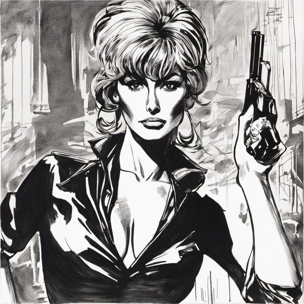 Modesty Blaise: Detailed Black and White Ink Drawing