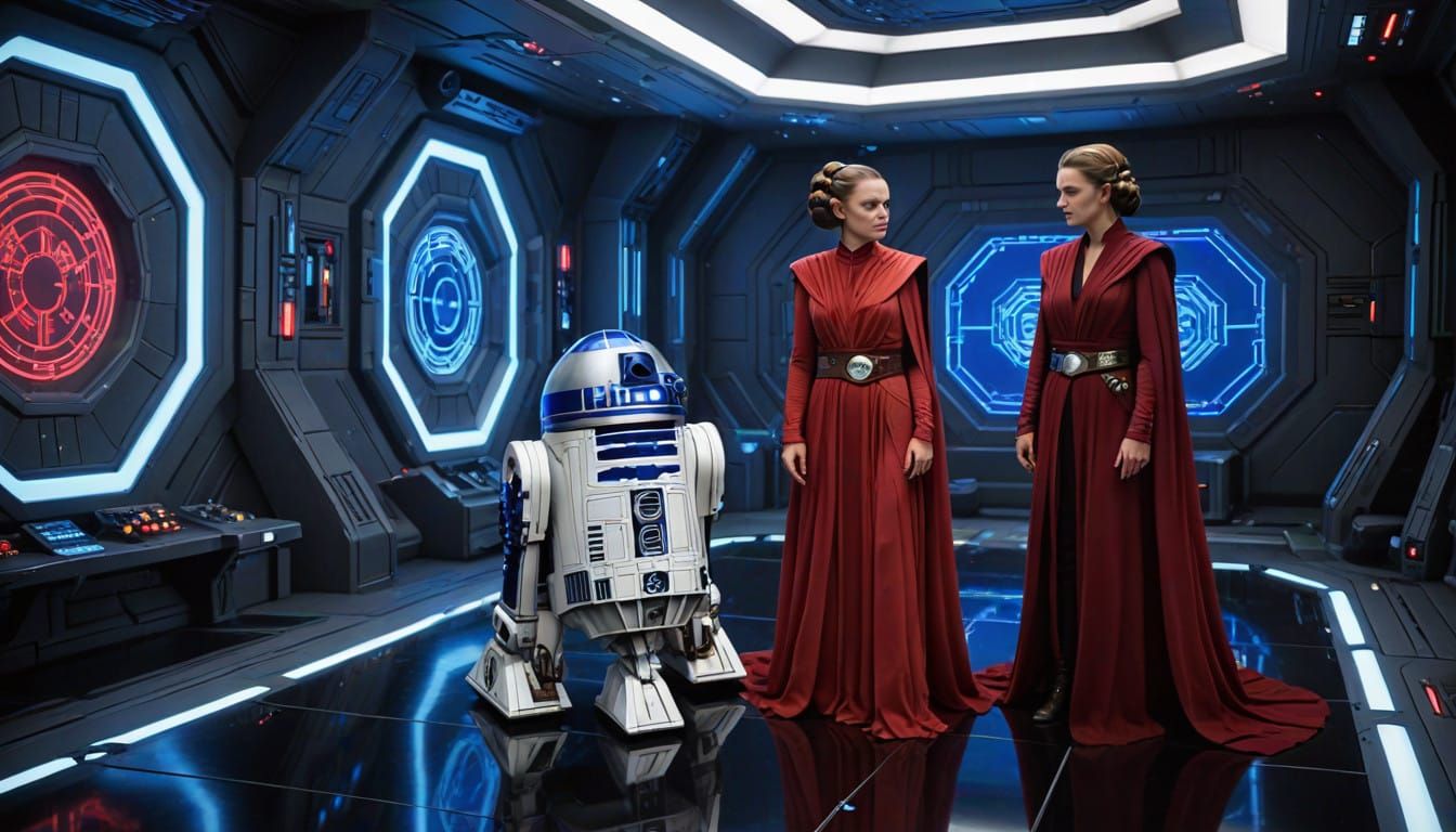 R2D2 and Princess Amidala in Neon Jedi Holochron