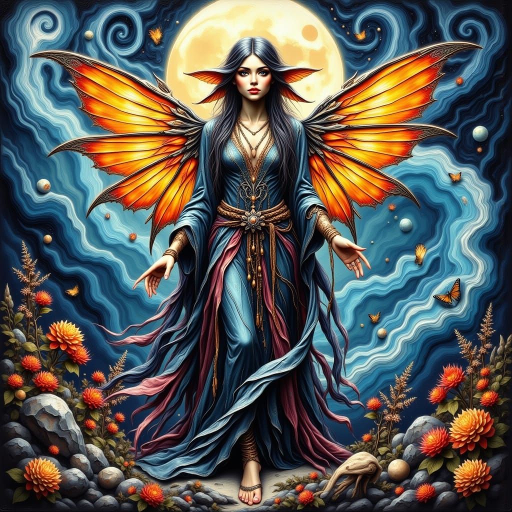 Mystical Being of Androgynous Wisdom in Swirling Cosmic Ener...