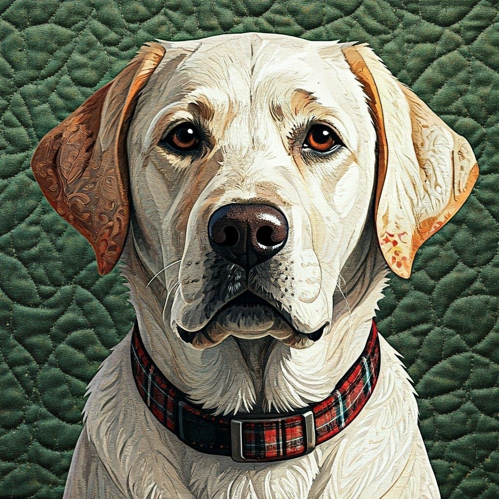 Fabric collage art of labrador created with intricate textil...