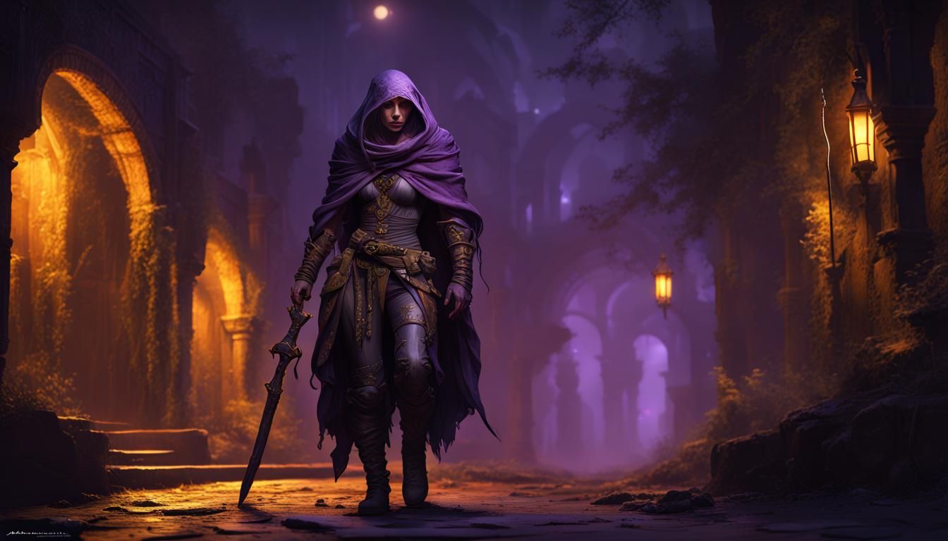 Planescape Rogue Prowling at Night: Dark Fantasy Art