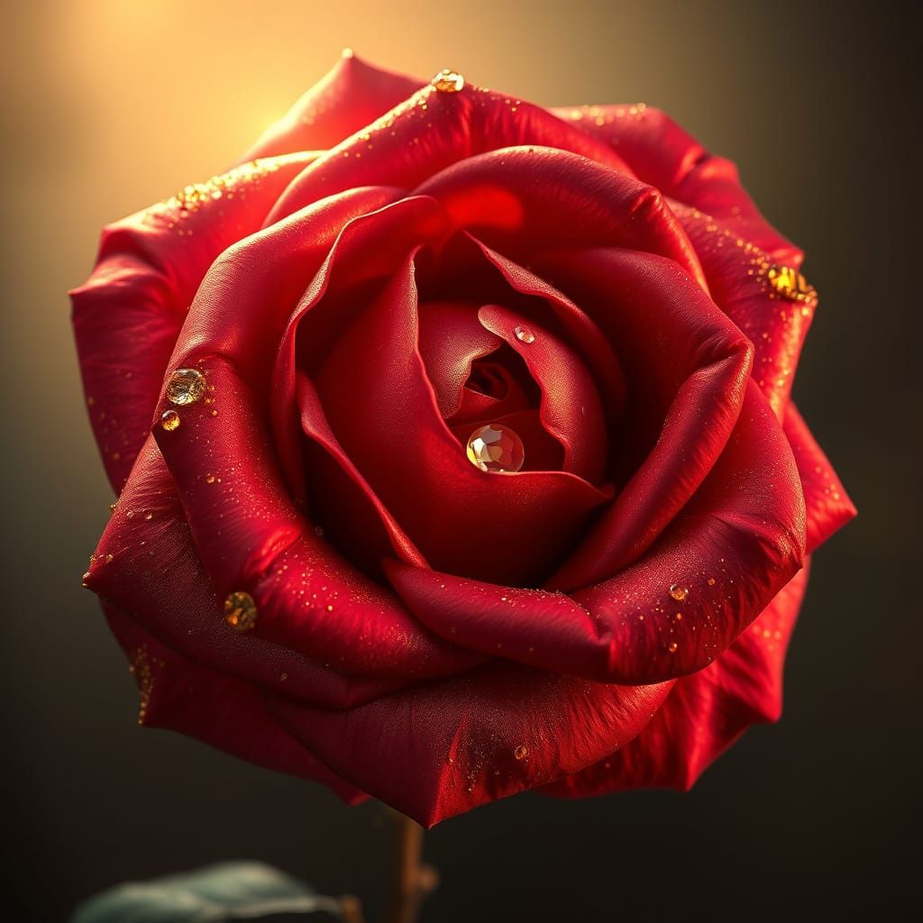 Majestic, Hyper-Realistic Red Rose with Iridescent Petals an...