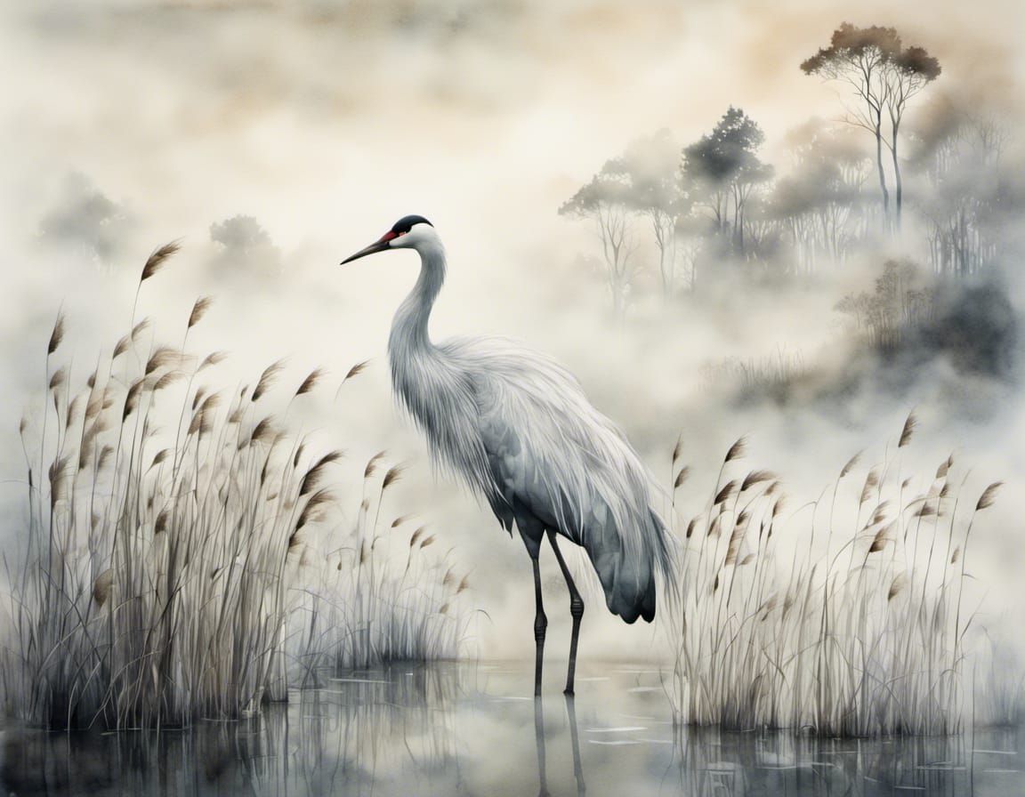 Watercolor Crane in Pale Marble Landscape