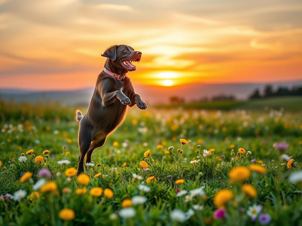 Labrador Plays in Vibrant Sunset Floral Field